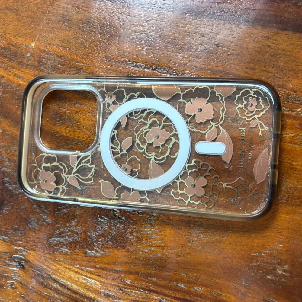Kate Spade iPhone 14 Pro Case MagSafe Floral Brown Gold Crystal Accents